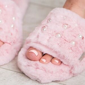Pudus Audrey Faux‎ Fur Pearl Slide Slippers Pink w/ Memory Foam Sz 9 Pinkmas